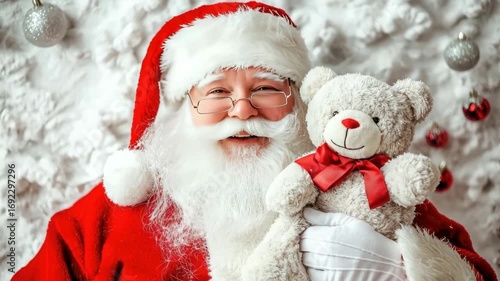 Santa Claus holding teddy bear with red bow and white accents, smiling warmly festive holiday setting full of Christmas