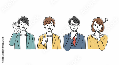 Diverse team members showcasing different moods and expressions in a clean, simple illustration style