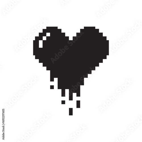 Pixel art dripping heart icon. 8-bit retro video game style melting black love symbol. Broken heart, sadness or digital glitch concept isolated on white background.
