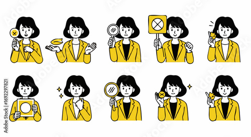 Businesswoman showing agreement or disagreement signals, offering insights, reflecting on decisions, and celebrating