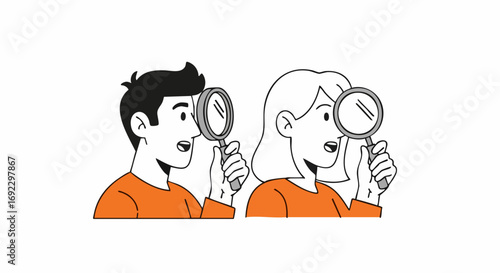 Two people using magnifying glass to search, investigate, or explore with curious expressions on their faces