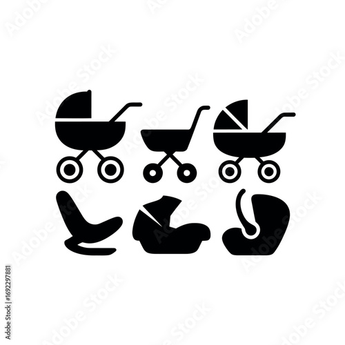 Collection of black baby stroller and car seat icons on white background