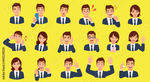 Versatile business cartoon faces expressing diverse emotions for presentations and company training resources
