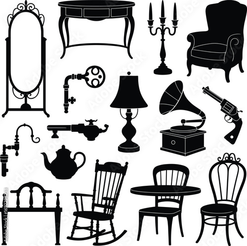Vintage antique furniture silhouettes, classic home decor icons, retro rocking chair, gramophone, old lamp, decorative mirror, elegant table, timeless design