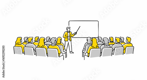 Dynamic presentation with speaker and audience in modern meeting room at conference or workshop for business success