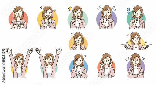 Diverse emotions of a professional woman showing business moods and expressions for visual storytelling design