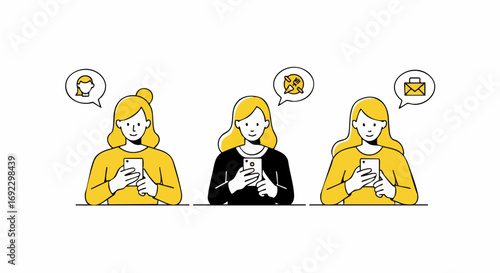 Three women using apps on smartphones for social media connections in modern minimalist graphic