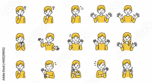 Diverse cartoon characters expressing emotions like happiness, sadness, and confusion with gestures
