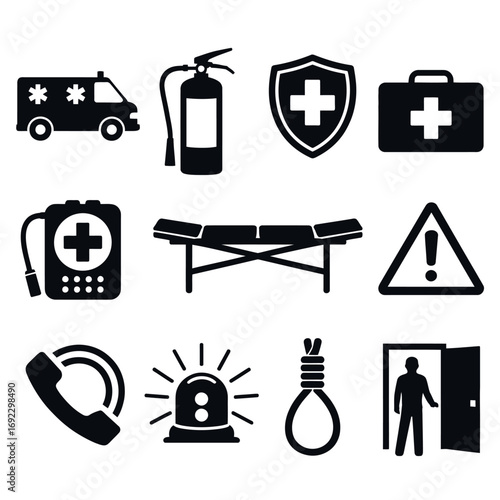 Collection of emergency and medical service icons in black silhouette
