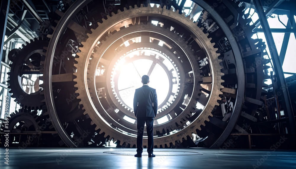 Fototapeta premium Businessman contemplates large gears