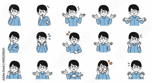 Illustrated man with glasses expressing diverse emotions and gestures for presentations or educational resources