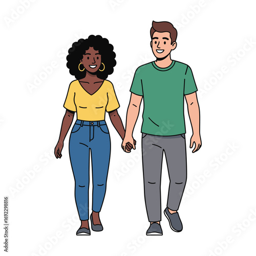 Happy diverse young couple holding hands, walking together, cartoon style.