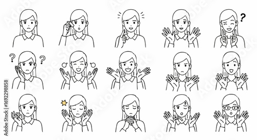 Diverse woman expressing emotions and hand gestures, great for educational resources or communication guides