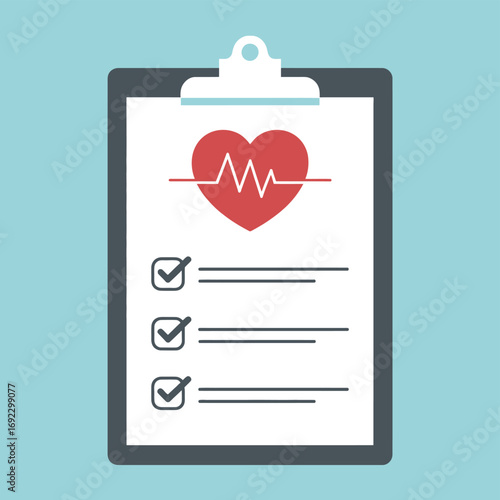 Medical clipboard with heartbeat and checklist for health assessment