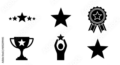 Collection of award and recognition icons including stars, trophy, and medal isolated on white background silhouette graphics elements set