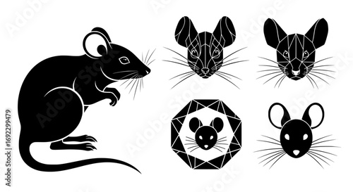 Collection of black mouse silhouettes and stylized mouse heads, isolated on white background silhouette graphics elements set