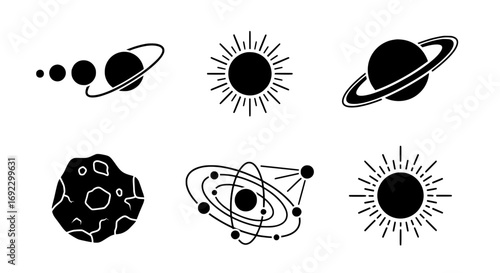 Collection of stylized celestial bodies and astronomical elements, including planets, suns, and asteroids, isolated on a white background silhouette graphics elements set