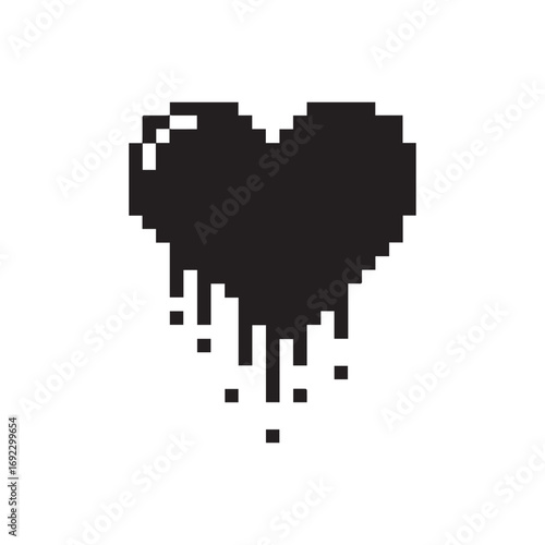 Pixel art dripping heart icon. 8-bit retro video game style melting black love symbol. Broken heart, sadness or digital glitch concept isolated on white background.
