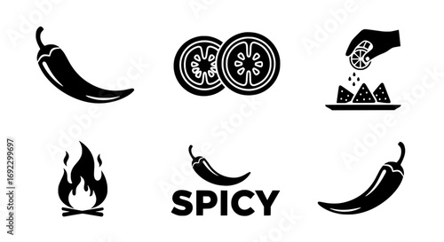 Collection of spicy food icons including chili peppers, tomato slices, nachos with lime, and fire, isolated on white background silhouette graphics elements set