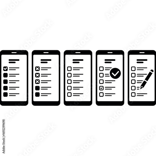 Five smartphones displaying task lists and checklists in a row