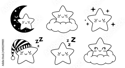 Cute cartoon stars sleeping and dreaming, isolated on white background silhouette graphics elements set