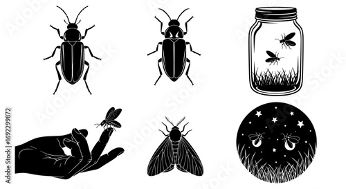Collection of black and white illustrations of insects, including beetles, moths, and fireflies in a jar, isolated on white background silhouette graphics elements set