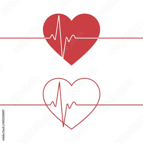 Red heart with ecg line and outline heart with ecg line