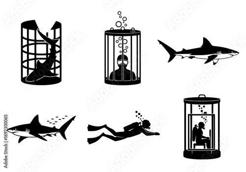 Set of six black and white illustrations depicting shark cage diving and scuba diving, isolated on white background silhouette graphics elements set