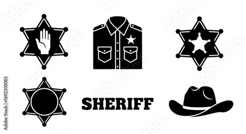 Collection of sheriff symbols including badges, uniform, hat, and text isolated on white background silhouette graphics elements set