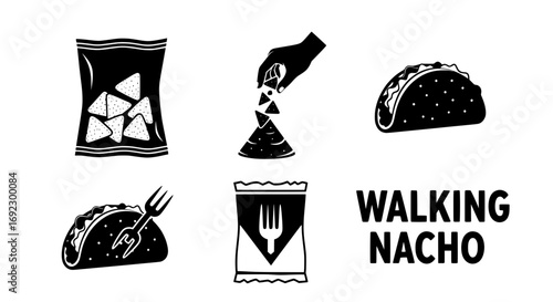 Collection of black and white icons representing nachos, chips, and the text walking nacho, isolated on white background silhouette graphics elements set