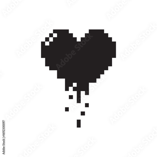 Pixel art dripping heart icon. 8-bit retro video game style melting black love symbol. Broken heart, sadness or digital glitch concept isolated on white background.
