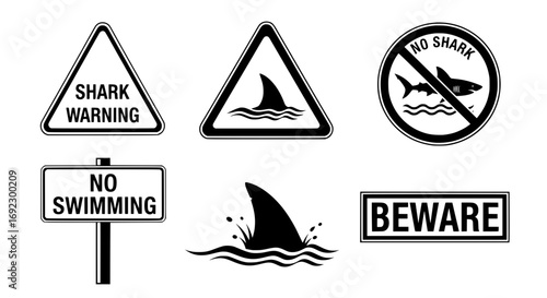 Collection of shark warning signs and symbols isolated on white background silhouette graphics elements set