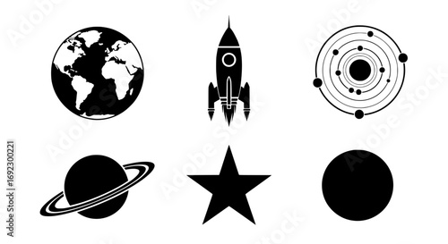 Collection of spacethemed icons including a rocket, planets, stars, and solar system, isolated on white background silhouette graphics elements set