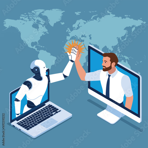 Robot and businessman high five through screens representing global collaboration