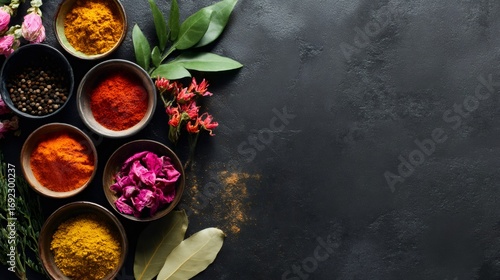 Wallpaper Mural Colorful spices and herbs creating culinary masterpiece on dark background Torontodigital.ca