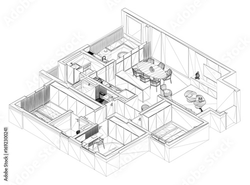 Black and white apartment floor plan wireframe drawing with detailed furniture layout including tables and chairs on a white background. Isometric view. 3D. Vector illustration