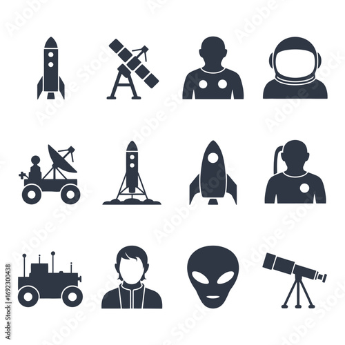 Collection of space exploration and science fiction icons in silhouette
