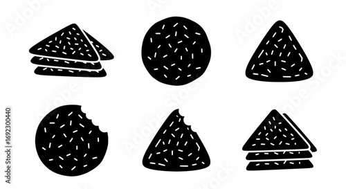 Set of black and white icons representing sesame seed crackers, some whole and some bitten, isolated on white background silhouette graphics elements set