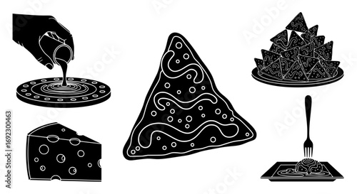 Collection of black and white illustrations of nachos, cheese, and dipping sauce, isolated on white background silhouette graphics elements set