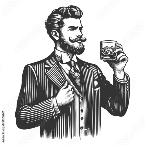 well-dressed bearded man in suit holding a glass of whiskey, elegance and sophistication sketch engraving generative ai fictional character vector illustration. Scratch board. Black and white image.