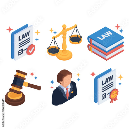 Isometric icons representing law justice legal system and courtroom elements