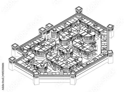 Arabic city contour drawing in black and white, featuring a grid of buildings with tallest structures at the center and smaller ones on the sides, scattered trees provide natural accents throughout.
