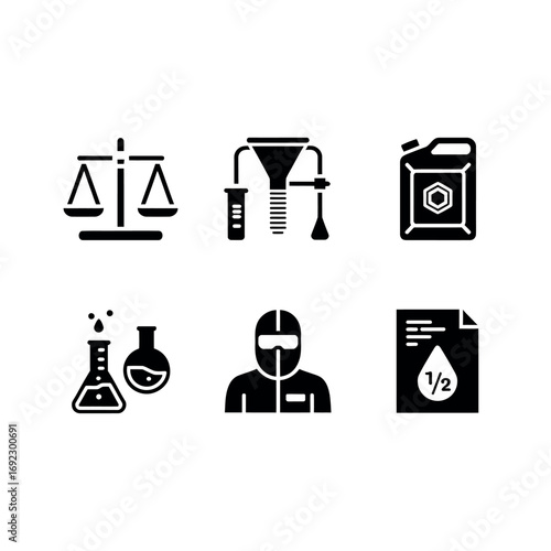 Set of six black and white icons representing science and industry concepts