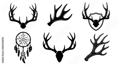 Collection of six black and white illustrations of deer antlers and a dreamcatcher, isolated on white background silhouette graphics elements set