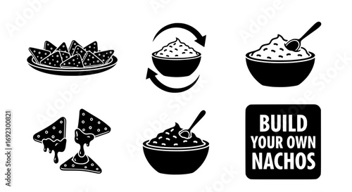 Build your own nachos icon set, isolated on white background silhouette graphics elements set