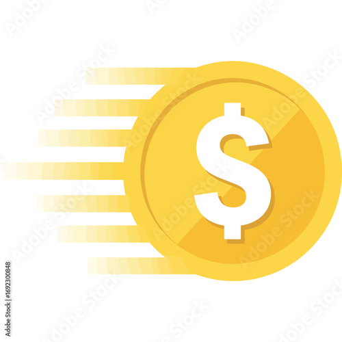 Fast moving gold coin with dollar sign symbol illustrating speed and wealth