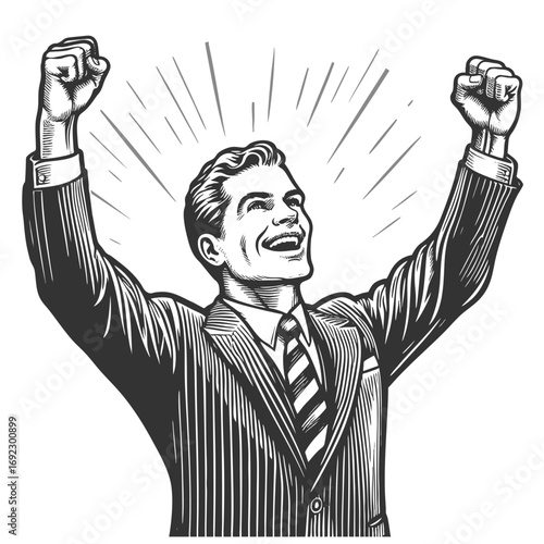 businessman in a suit raising his arms in triumph, symbolizing victory and achievement sketch engraving generative ai fictional character vector illustration. Scratch board. Black and white image.