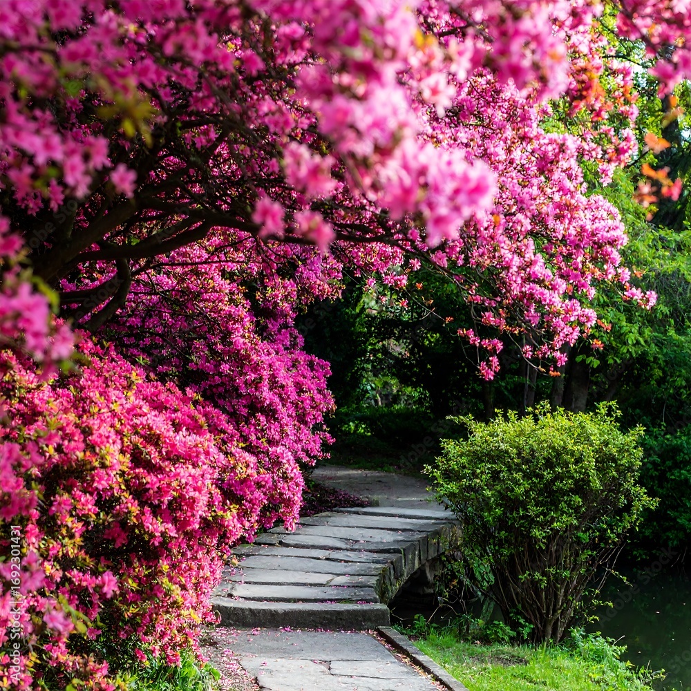 Fototapeta premium Pink blossoms arch over a wooden path