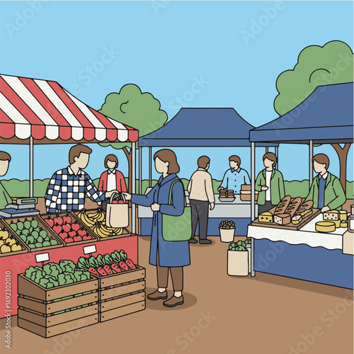 Flat vector illustration of traditional market with seller and customer