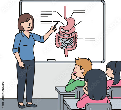 Flat vector illustration of teacher explaining human heart anatomy